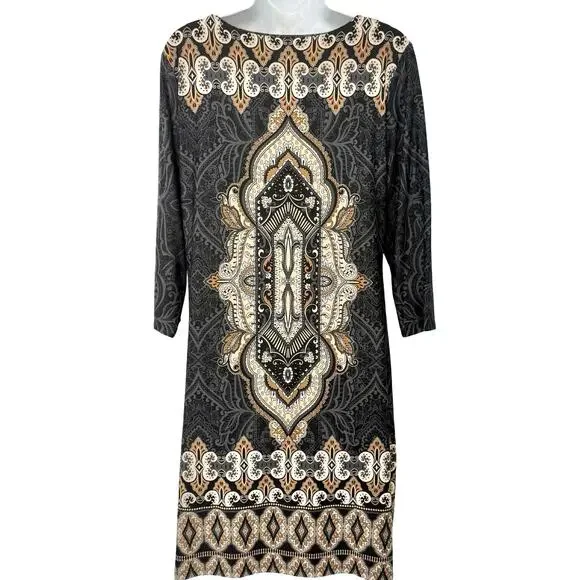 Charter Club Gray Brown Cream Filigree 3/4 Sleeve Sheath Dress Petite size L PL - Picture 4 of 9